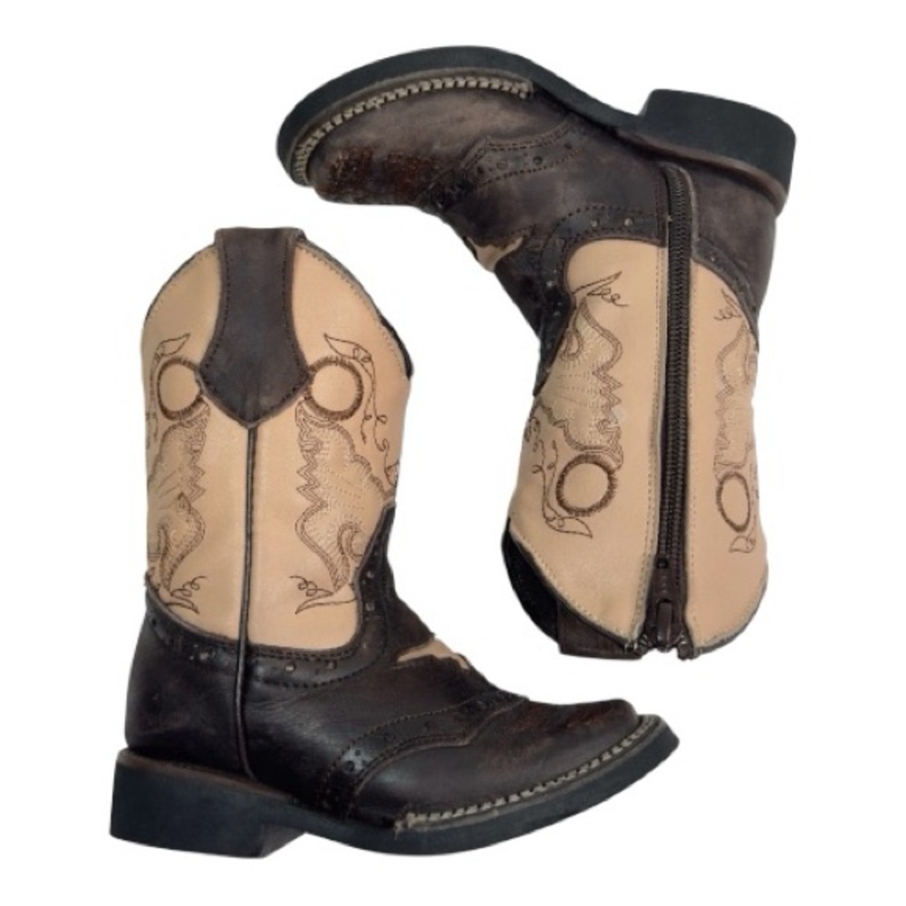 Kids White Diamonds Boots Square Toe Zipper Brown Beige Embroidered